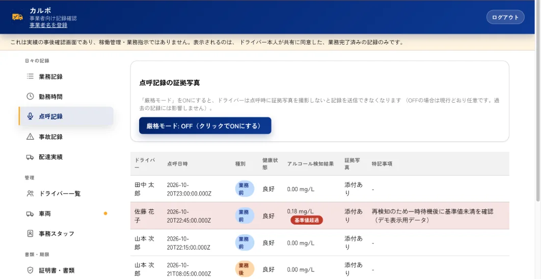 カルポの社長用画面（点呼記録の一覧）